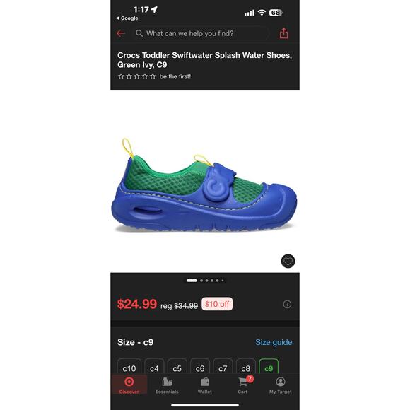 Crocs Toddler Swiftwater Splash Water Shoes – Green Ivy/Blue – Size C9 - Picture 1 of 7